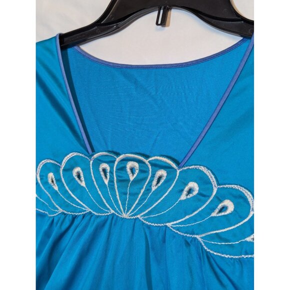 Shadowline Turquoise Nightgown With Embroidered Peacock Feather Design Size L - Picture 2 of 5